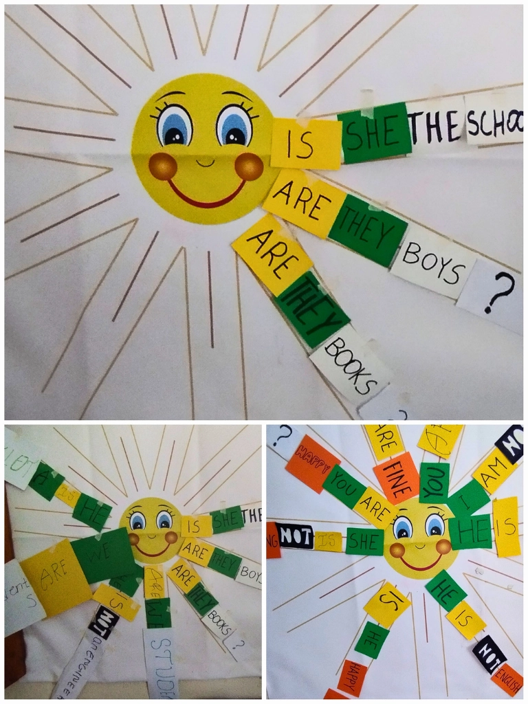Il poster del sole di Colours in Action appeso per un esercizio di completamento di frasi inglesi nelle classi etiopi di Adaba